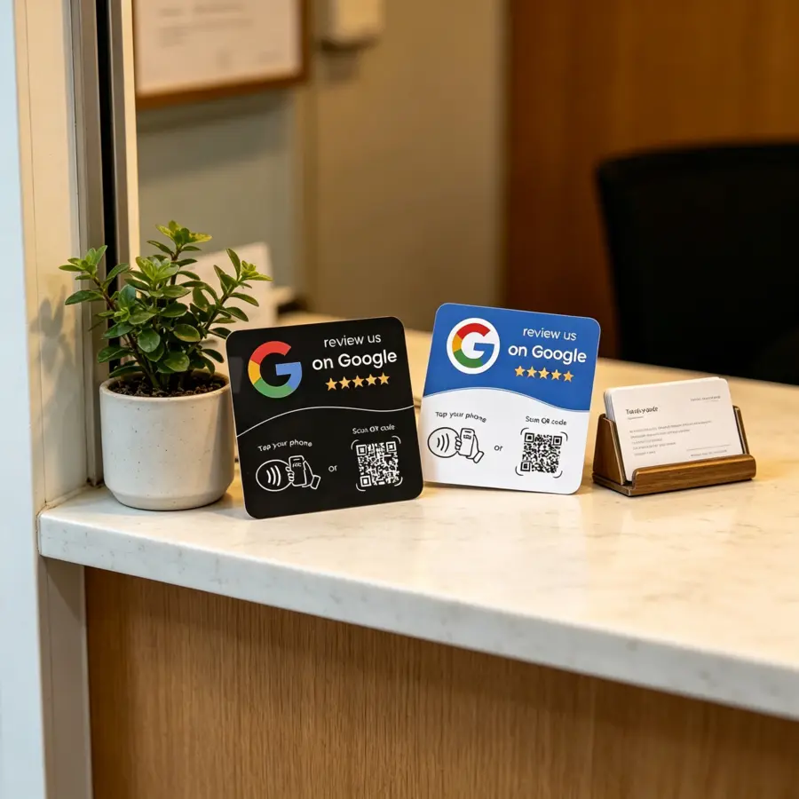 Tarjetas NFC y QR de Grupo Klikka colocadas en el mostrador de recepción